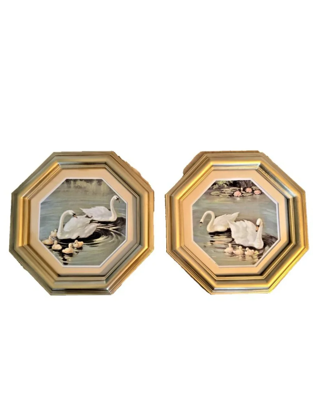 Vintage Swan Wall Art Prints Pair Octagon Gold Frames Cottage Grandmillenial
